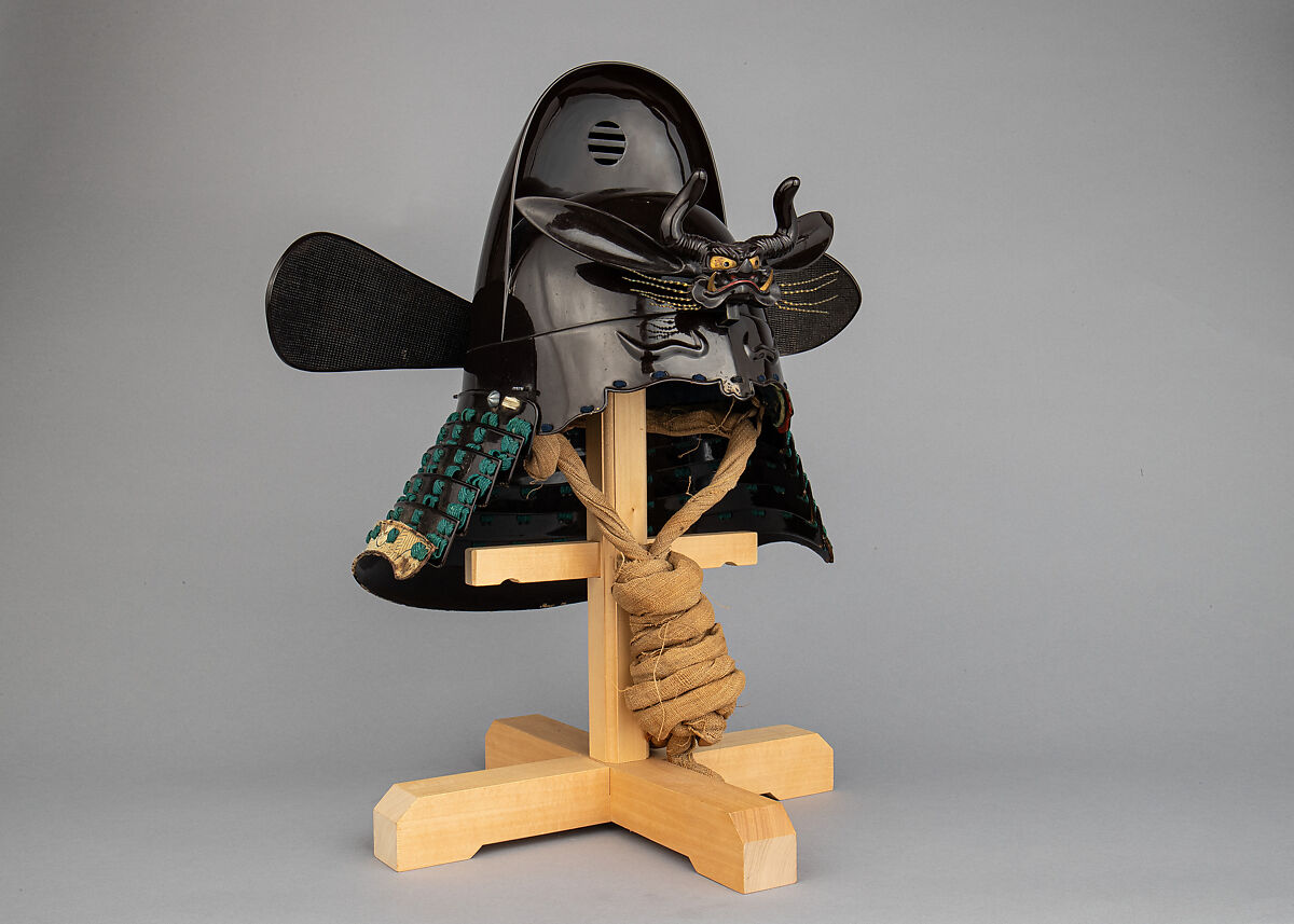 Helmet with Rain Protector and Crests, Iron, leather, lacquer, textile, silver, gold, brass, feather, wood, Japanese