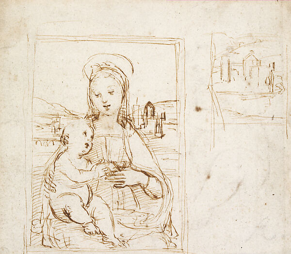 The Virgin and Child with a book in a Landscape; a Landscape (Sketches for the Norton Simon Madonna) (recto); Seated Infant Holding a Book (Sketch for the Christ Child in the Norton Simon Madonna) (verso), Raphael (Raffaello Sanzio or Santi)  Italian, Pen and brown ink, over preliminary stylus underdrawing (recto); pen and brown ink, over preliminary stylus underdrawing (verso), on paper