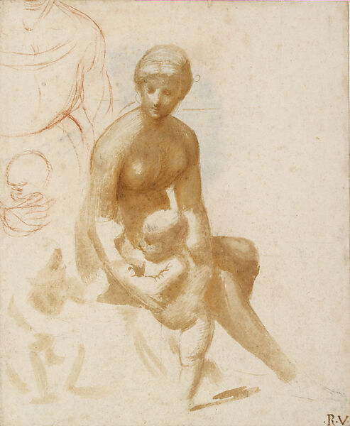 The Virgin and Child with the Infant Saint John the Baptist (Studies for the Madonna of the Meadow) (recto), Raphael (Raffaello Sanzio or Santi)  Italian, Brush and brown wash, highlighted with white gouache (partly oxidized), over preliminary stylus underdrawing, red chalk (sketch on upper left), possibly indented for transfer (selectively on the main group of the Virgin and Child) over a faint grid marked with compass or caliper points (recto), on paper