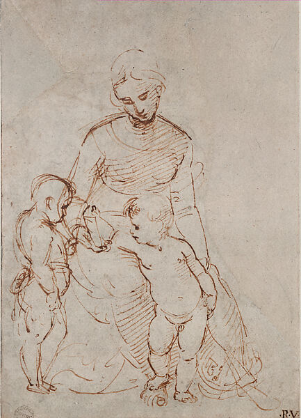 The Virgin and Child (Study for the Madonna del Cardellino) (recto); Architectural Studies (verso), Raphael (Raffaello Sanzio or Santi)  Italian, Pen and brown ink, over preliminary stylus underdrawing, with some traces of lead or chalk, on paper