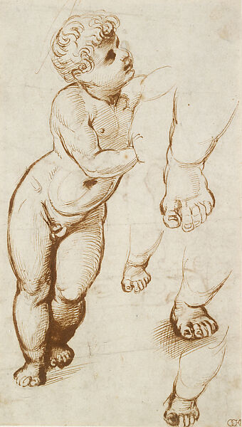 Sketches of a Standing Infant (Study for the Christ Child in the Belle Jardinière) (recto), Sketches Including a Skeleton (verso), Raphael (Raffaello Sanzio or Santi)  Italian, Pen and brown ink over leadpoint, on laid paper (recto); pen and brown ink over leadpoint, with red chalk (verso)