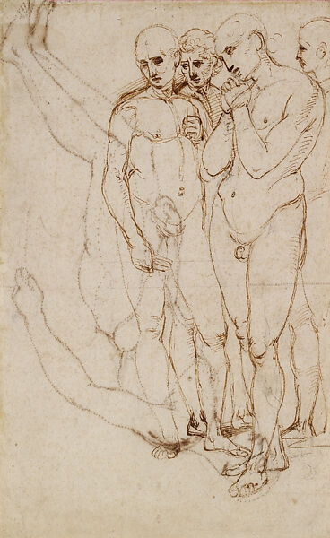 Study of Four Standing Men in a Lamentatio (recto), Study of the Body of Christ in a Lamentation (verso), Raphael (Raffaello Sanzio or Santi)  Italian, Pen and brown ink over preliminary leadpoint and stylus underdrawing, outlines pricked for transfer of the design, two horizontal axis lines in leadpoint, the lower one partly pricked; recto); pen and brown ink (verso), on paper