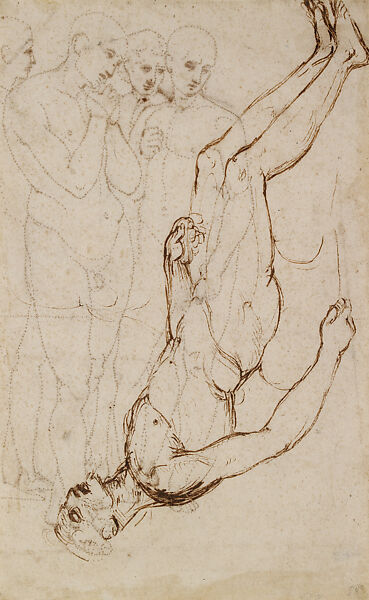 Study of Four Standing Men in a Lamentatio (recto), Study of the Body of Christ in a Lamentation (verso), Raphael (Raffaello Sanzio or Santi) (Italian, Urbino 1483–1520 Rome), Pen and brown ink over preliminary leadpoint and stylus underdrawing, outlines pricked for transfer of the design, two horizontal axis lines in leadpoint, the lower one partly pricked; recto); pen and brown ink (verso), on paper