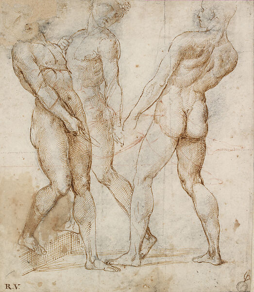 Figures Carrying the Body of Christ (Study for the Baglioni Altarpiece of the Entombment; The Borghese Entombment), Raphael (Raffaello Sanzio or Santi)  Italian, Pen and brown ink over black chalk and stylus underdrawing, red chalk over stylus-incised compass and ruled construction, pricked horizontal and vertical axis lines,, stylus-incised construction, later framing lines in black ink, glued onto a secondary paper support