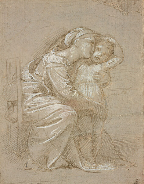 Mother and Child (Study for the Madonna della Seggiola), Raphael (Raffaello Sanzio or Santi)  Italian, Metalpoint, highlighted in white gouache, on paper prepared gray; outlines stylus-incised by a later hand