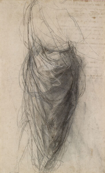 Drapery Study of a Standing Figure for the Disputa, Stanza della Segnatura (recto); Figure Studies and a Draft of a Petrarchan Sonnet (verso), Raphael (Raffaello Sanzio or Santi)  Italian, Black chalk, charcoal, highlighted with white (recto); Black chalk, pen and black ink (verso)