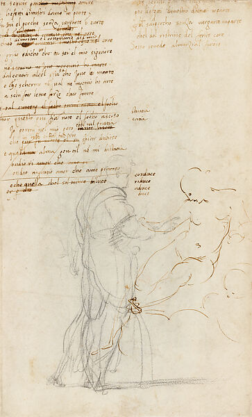 Drapery Study of a Standing Figure for the Disputa, Stanza della Segnatura (recto); Figure Studies and a Draft of a Petrarchan Sonnet (verso), Raphael (Raffaello Sanzio or Santi) (Italian, Urbino 1483–1520 Rome), Black chalk, charcoal, highlighted with white (recto); Black chalk, pen and black ink (verso)