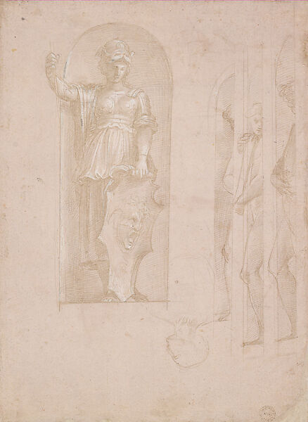 Figural Studies for Minerva and Other Niche Statues in the School of Athens, Stanza de la Segnatura, Raphael (Raffaello Sanzio or Santi)  Italian, Metalpoint, highlightes with wuite gouache, pink paper prepared, laid down