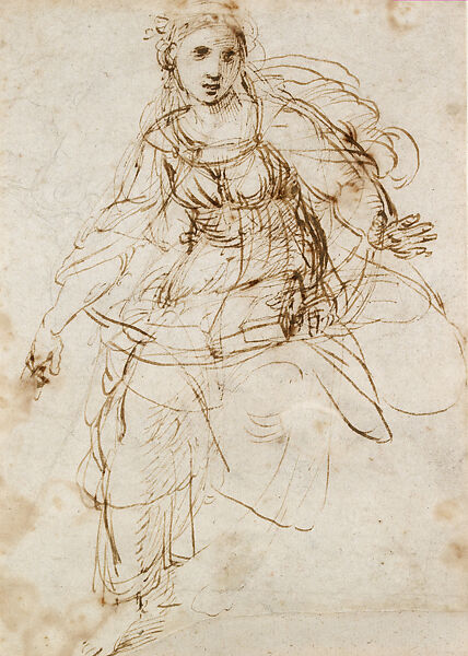 Sketch for the Figure of Theology in the Vault of the Stanza della Segnatura (recto); Composition Sketches for the Assumption of the Virgin (verso), Raphael (Raffaello Sanzio or Santi)  Italian, Pen and brown ink over leadpoint underdrawing; (recto); pen and brown ink (verso), on paper