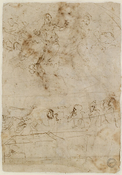 Sketch for the Figure of Theology in the Vault of the Stanza della Segnatura (recto); Composition Sketches for the Assumption of the Virgin (verso), Raphael (Raffaello Sanzio or Santi) (Italian, Urbino 1483–1520 Rome), Pen and brown ink over leadpoint underdrawing; (recto); pen and brown ink (verso), on paper
