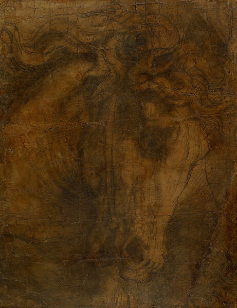 The Head of a Horse (Cartoon Fragment for the Expulsion of Heliodorus from the Temple, Stanza di Eliodoro), Raphael (Raffaello Sanzio or Santi)  Italian, Charcoal, black chalk, outlines pricked for transfer of the design, on light brown discolored paper (on six sheets glued with overlapping seams, original paper support); the cropping of the right border at top and bottom possibly conforms to the shape of a giornata; heavily restored, varnished, and numerous losses made up