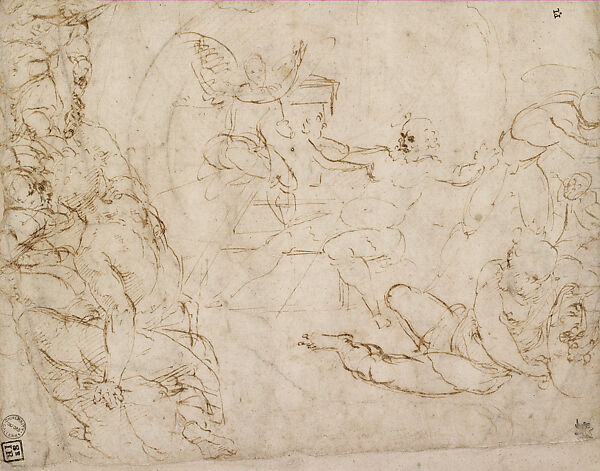Male Nude Figures and an Angel (Composition sketches for the Resurrection oin the Chigi Chapel, Santa Maria della Pace) (recto); A Geometrical Study (verso), Raphael (Raffaello Sanzio or Santi)  Italian, Pen and brown ink,over traces of stylus underdrawing; faint circle bleeding through from the verso (recto); pen and brown ink over geometric indications in compass (verso) on laid paper