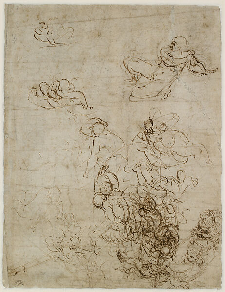 Seated Male Nudes (Studies for a Roman Soldier in the Resurrection, Chigi Chapel, Santa Maria della Pace) (recto), Composition Sketches for the Lower Portion of the Resurrection (verso), Raphael (Raffaello Sanzio or Santi) (Italian, Urbino 1483–1520 Rome), Black chalk, some stylus marks (recto); pen and brown ink, (verso), on off-white paper