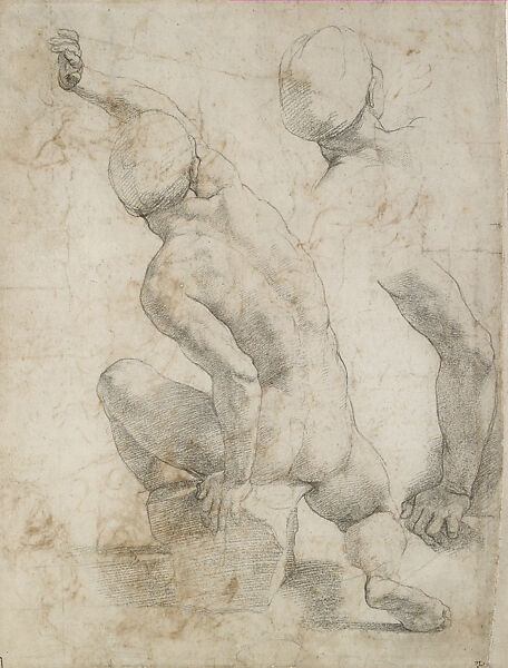 Seated Male Nudes (Studies for a Roman Soldier in the Resurrection, Chigi Chapel, Santa Maria della Pace) (recto), Composition Sketches for the Lower Portion of the Resurrection (verso), Raphael (Raffaello Sanzio or Santi)  Italian, Black chalk, some stylus marks (recto); pen and brown ink, (verso), on off-white paper