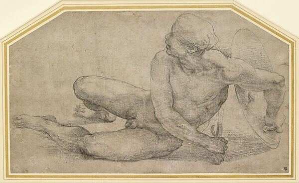 Reclining Male Nude with Shield and Sword (Study for a Soldier for the Resurrection, Chigi Chapel, Santa Maria della Pace), Raphael (Raffaello Sanzio or Santi)  Italian, Black chalk, laid down