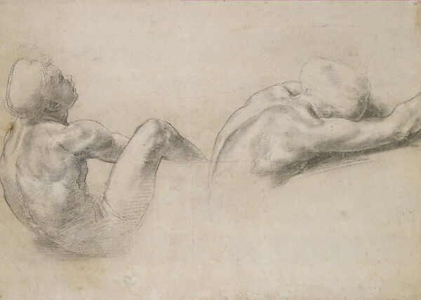 Two Male Nudes Drawn from the Same Model (Study the Battle of the Milvian Bridge, Sala di Costantino) (recto), Two Studies of an Elderly Man (verso; not by Raphael), Raphael (Raffaello Sanzio or Santi)  Italian, Black chalk, highlighted with white gouache, over preliminary stylus underdrawing, with slight retouching of contours (recto); black chalk, some contours reinforced in pen and brown ink (verso)