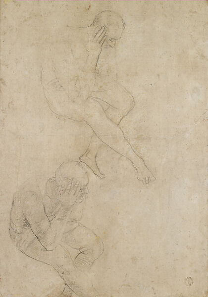 Two Male Nudes Drawn from the Same Model (Study the Battle of the Milvian Bridge, Sala di Costantino) (recto), Two Studies of an Elderly Man (verso; not by Raphael), Raphael (Raffaello Sanzio or Santi) (Italian, Urbino 1483–1520 Rome), Black chalk, highlighted with white gouache, over preliminary stylus underdrawing, with slight retouching of contours (recto); black chalk, some contours reinforced in pen and brown ink (verso)