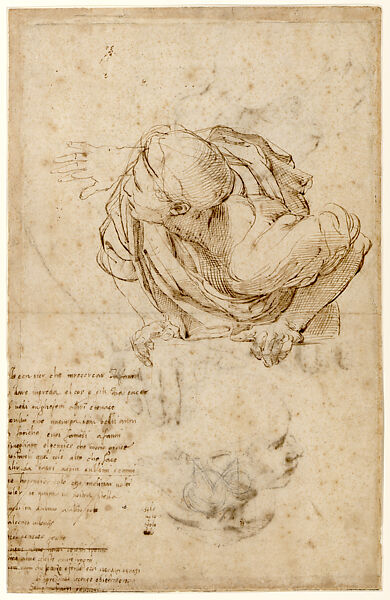 Study for the Leaning Male Figure on the Right Foreground in the Disputa, Stanza della Segnatura; Draft of a Petrarchan Sonnet; an Interlaced Monogram with “M” (recto); Two Further Studies for the Same Figure (verso), Raphael (Raffaello Sanzio or Santi) (Italian, Urbino 1483–1520 Rome), Pen and brown ink over preliminary stylus underdrawing on cream colored paper, some stylus-ruled lines, monogram in black chalk (recto); pen and brown ink over preliminary stylus underdrawing, some stylus-ruled lines (verso)