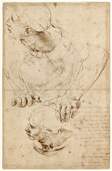 Study for the Leaning Male Figure on the Right Foreground in the Disputa, Stanza della Segnatura; Draft of a Petrarchan Sonnet; an Interlaced Monogram with “M” (recto); Two Further Studies for the Same Figure (verso), Raphael (Raffaello Sanzio or Santi)  Italian, Pen and brown ink over preliminary stylus underdrawing on cream colored paper, some stylus-ruled lines, monogram in black chalk (recto); pen and brown ink over preliminary stylus underdrawing, some stylus-ruled lines (verso)