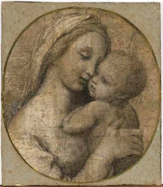 The Virgin and Child (Cartoon for the Tempi Madonna), Raphael (Raffaello Sanzio or Santi)  Italian, Black chalk, charcoal, highlighted with white gouache, with preliminary stylus underdrawing by the artist and some outlines of the design pricked for transfer of the design; originally on six fragmentary glued sheets of off-white paper; retouched by early modern restorers; matted onto cardboard, glued onto canvas, glued onto further cardboard.