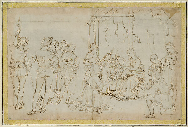 The Adoration of the Magi (Full-Scale Composition Study for the Central Scene in the Predella of the Oddi Altarpiece), Raphael (Raffaello Sanzio or Santi)  Italian, Pen and brown ink over extensive preliminary stylus and leadpoint underdrawing, pen and brown ink (recto); partly blackened with charcoal or black chalk (verso)