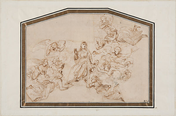 The Annunciation (recto); Coronation of the Virgin Adored by Angels (verso), Raphael (Raffaello Sanzio or Santi) (Italian, Urbino 1483–1520 Rome), Black chalk, pen and brown ink, over preliminary stylus underdrawing (recto); pen and brown ink (verso), on cream-colored, laid paper