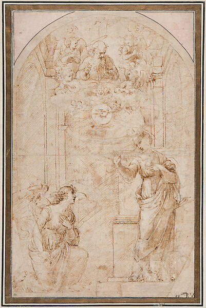 The Annunciation (recto); Coronation of the Virgin Adored by Angels (verso), Raphael (Raffaello Sanzio or Santi)  Italian, Black chalk, pen and brown ink, over preliminary stylus underdrawing (recto); pen and brown ink (verso), on cream-colored, laid paper