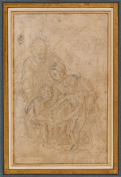 The Holy Family with Young Saint John the Baptist and Figure in a Landscape, Raphael (Raffaello Sanzio or Santi)  Italian, Two hues of metalpoint (one being leadpoint), some pen and brown ink, highlighted with white gouache, on paper prepared pinkish buff