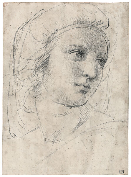 The Head of the Muse Polyhymnia (“Auxiliary Cartoon” for the Parnassus, Stanza della Segnatura), Raphael (Raffaello Sanzio or Santi)  Italian, Black chalk drawn freehand over pounce marks (spolvero underdrawing), traces of stylus underdrawing, and partly unrelated design in pounce marks (spolvero)