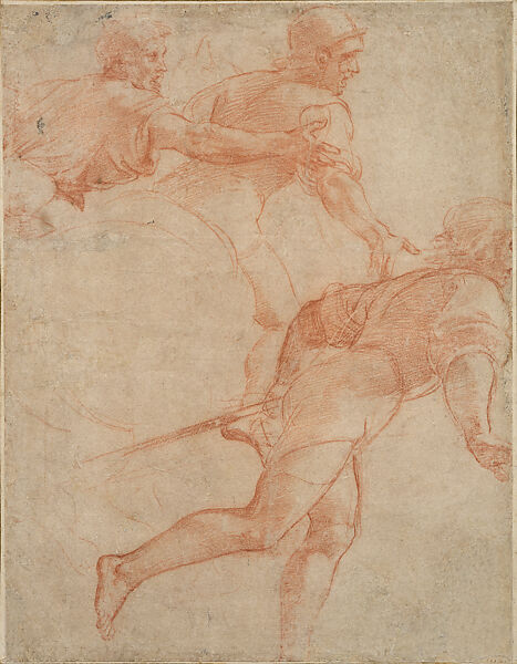 Two Soldiers on Horseback and A Soldier on Foot (Study for the Conversion of Saul from the Acts of the Apostles Tapestry Series), Raphael (Raffaello Sanzio or Santi)  Italian, Red chalk over preliminary stylus underdrawing on paper; corner losses of original paper support integrated