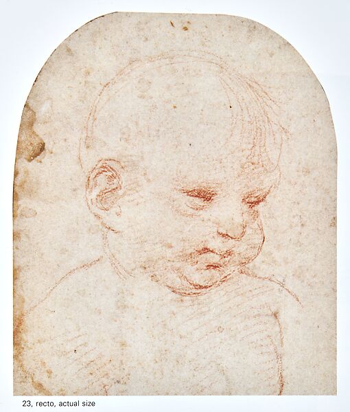 Head of a Child (Study for the Christ Child in the Ansidei Altarpiece) (recto); Design for an Oil Lamp or Incense Burner (verso), Raphael (Raffaello Sanzio or Santi)  Italian, Red chalk, over preliminary stylus underdrawing