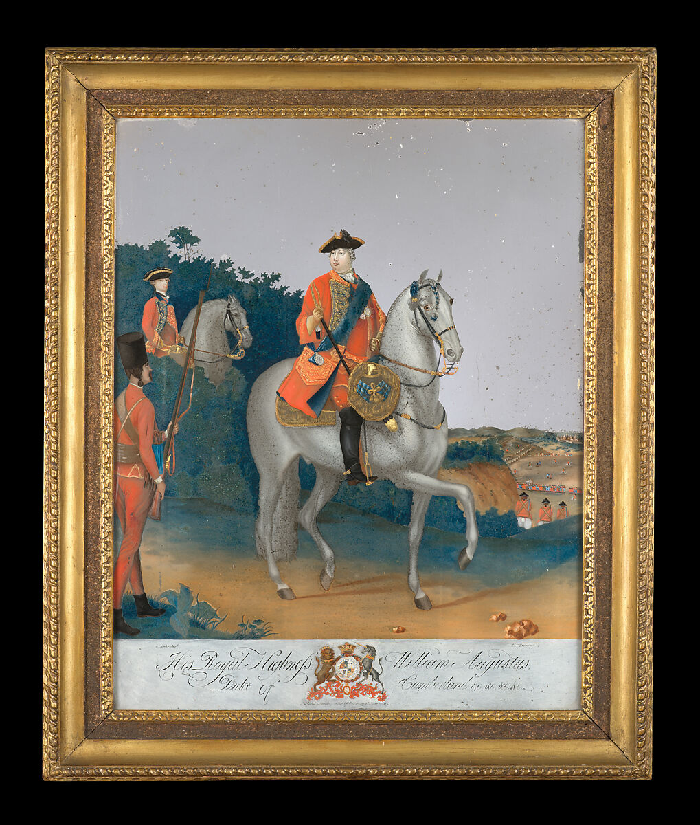 Equestrian portrait of William, Duke of Cumberland (1721–1765), after a portrait by David Morier (1705–1770), Glass, reverse painted and mirrored, Chinese, Canton for export market 