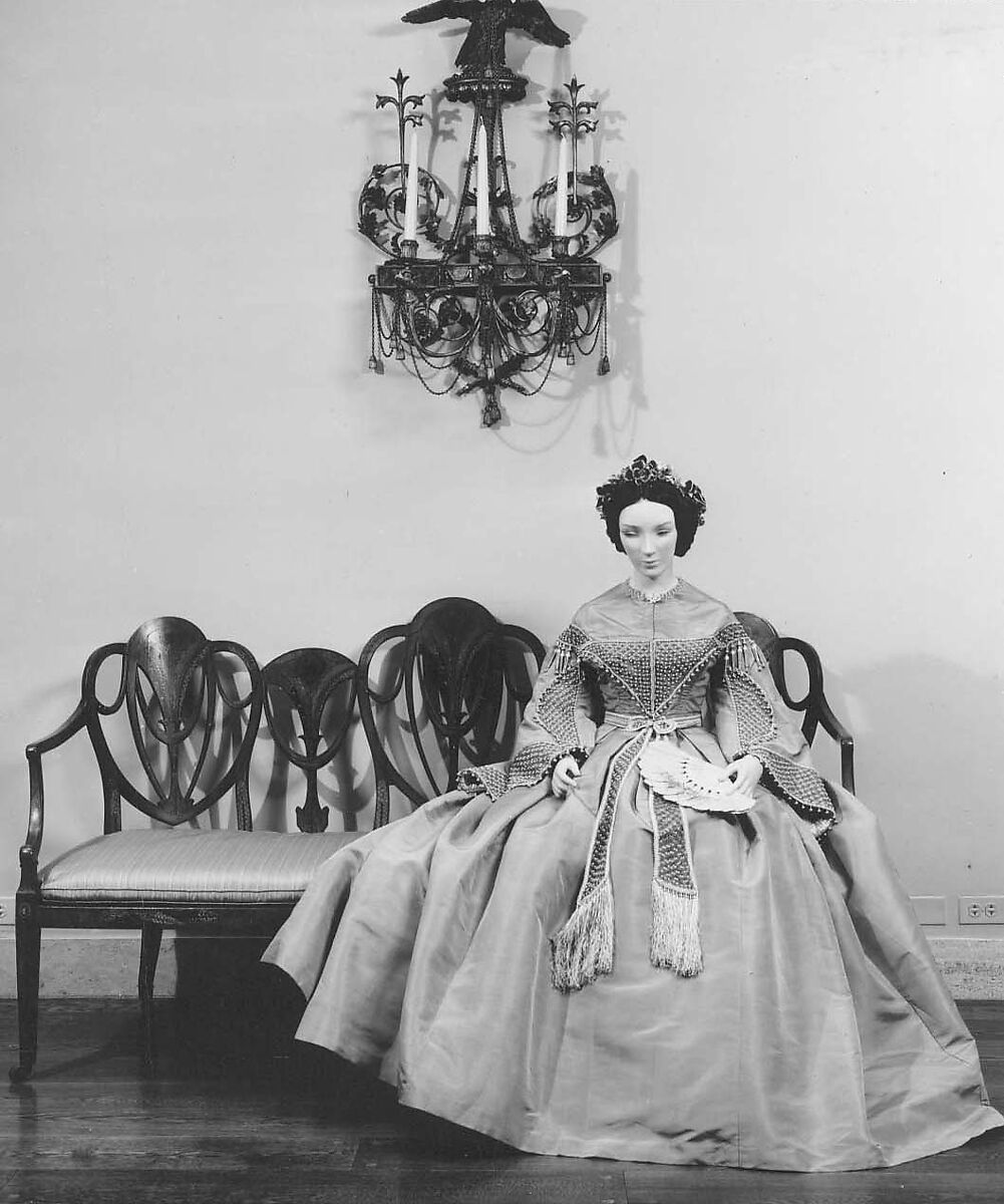 Ensemble, silk, metal, pearls, cotton, American