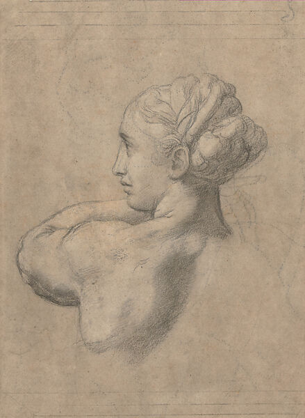 Study for a Kneeling Woman in the Foreground of the Transfiguration;Unrelated Design of a Cornice in Profile, Raphael (Raffaello Sanzio or Santi)  Italian, Soft black chalk, charcoal, highlighted in brush and white gouache, some reworking of dark shadows in brush and diluted black chalk and stylus incisions to correct contours, over partial pounce marks, on off-white paper washed light grayish brown (figures); pen and grayish brown ink with ruling; verso is blank and severely abraded (cornice)