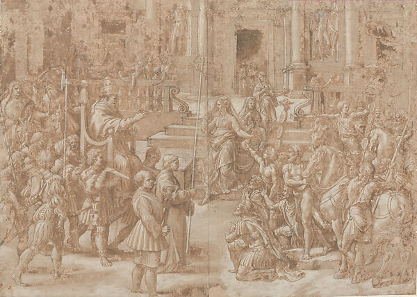 Pope Sylvester I in a Sedia Gestatoria and Saint Helen (Modello Drawing for the Donation of Constantine, Sala di Costantino), Giulio Romano  Italian, Pen and two hues of brown ink, brush and brown wash, highlighted with white gouache, over leadpoint and grayish blaack-chalk underdrawing; pinpricks for measurements, ruling in pen and ink, and stylus construction; some pounce marks (spolvero underdrawing) in some architectural motifs; on two sheets of paper glued with overlapping seams (original paper support)