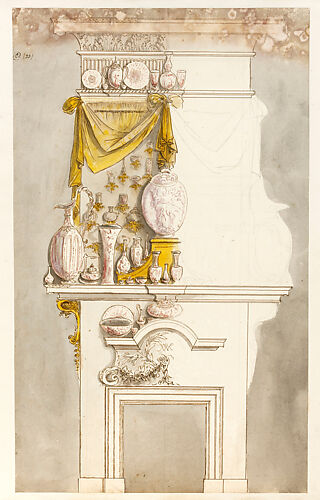 Design for a chimney-piece with displays of porcelain on the overmantel and above the fire surround, and with draped upholstery across the overmantel