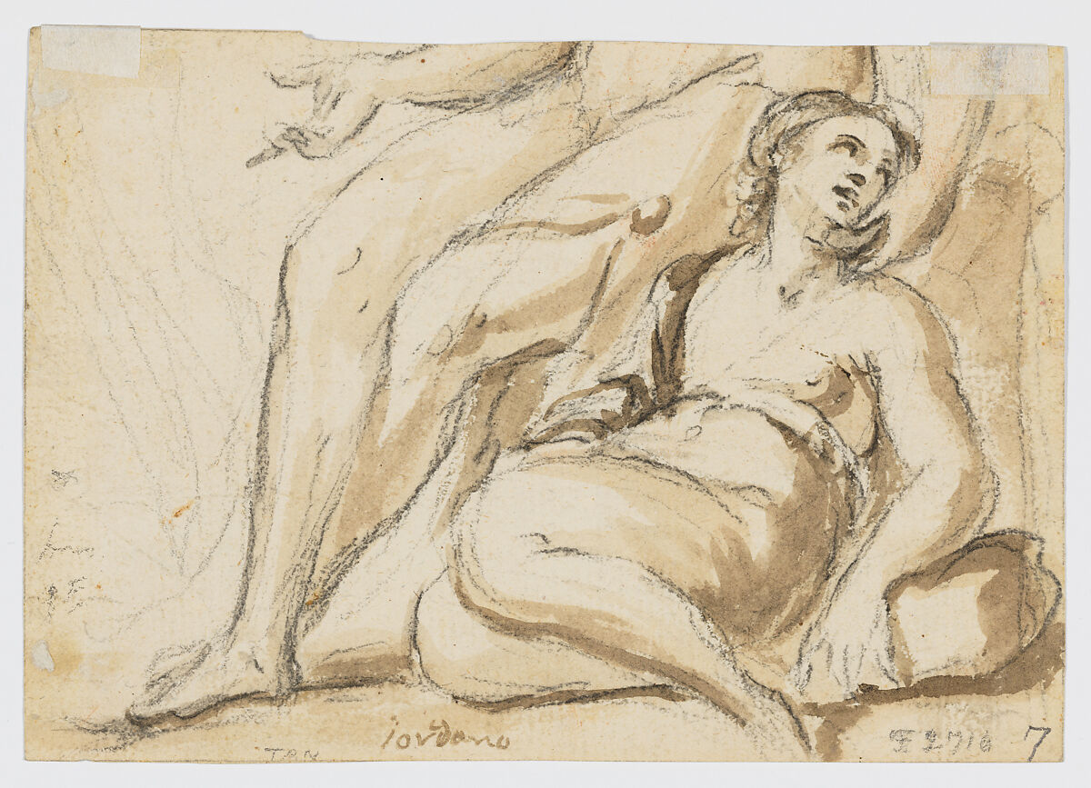 Two alternative designs for a composition of Hagar, Ismael, and the Angel, with the artist’s iconographic notes on the subject matter (recto); Fragmentary composition with a reclining woman and a cropped seated figure (verso), Anonymous, Italian, Venetian, 17th century, Pen and brown ink, over red chalk underdrawing, with some touches of brown ink wash in the sketch at left (recto); pen and brown ink, brush and brown wash, over black chalk underdrawing (verso)