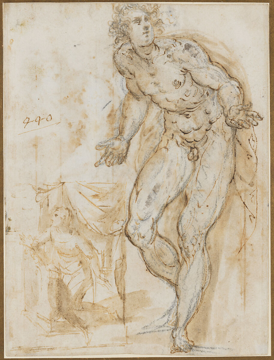 Studies of a kneeling man (recto); Study of a standing man at right, and small scene of a kneeling figure in an interior, probably the Virgin in the Annunciation (verso), Francesco Maffei (Italian, Vicenza 1605–1660 Padua), Pen and brown ink and wash over black chalk (recto and verso)