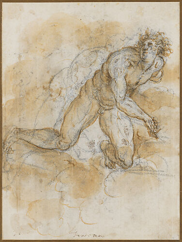 Studies of a kneeling man (recto); Study of a standing man at right, and small scene of a kneeling figure in an interior, probably the Virgin in the Annunciation (verso)