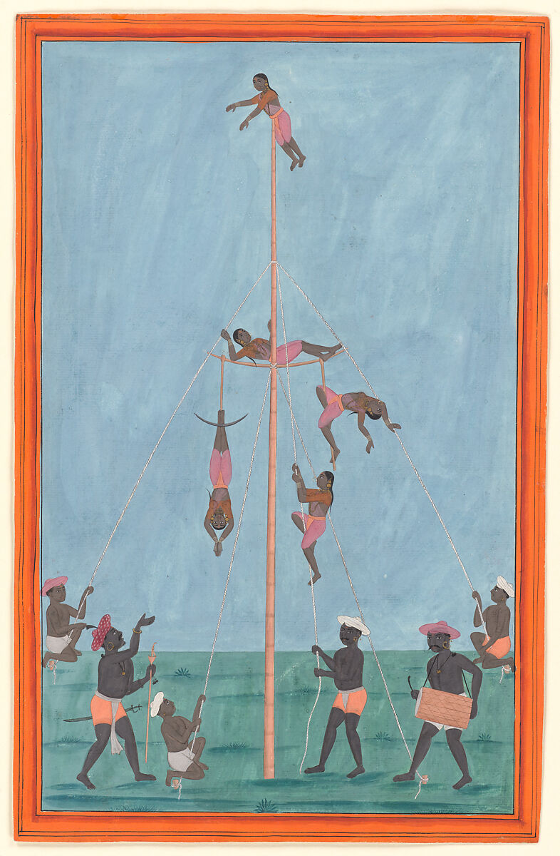 A troupe of acrobats performing daring feats, Opaque pigments on laid paper, India, Thanjavur, Tamil Nadu 