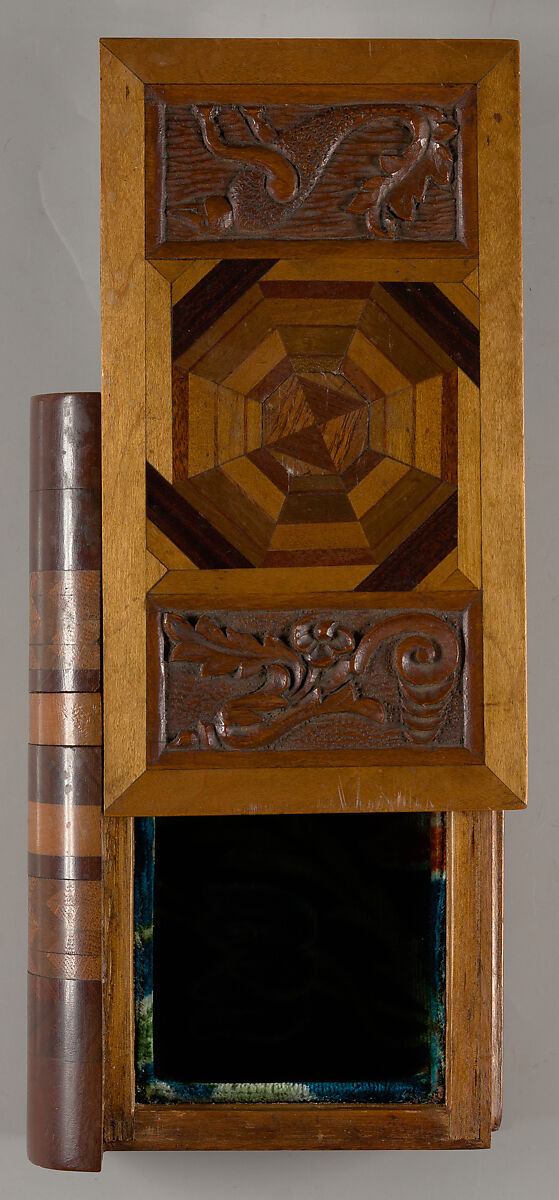 Box in book form, inlaid and carved specimen wood box with hidden locking device in spine, Vincenzo Chiappinelli
