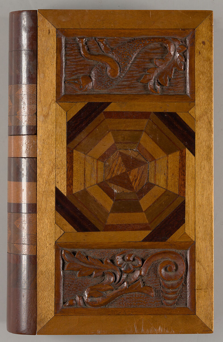 Box in book form, inlaid and carved specimen wood box with hidden locking device in spine, Vincenzo Chiappinelli 