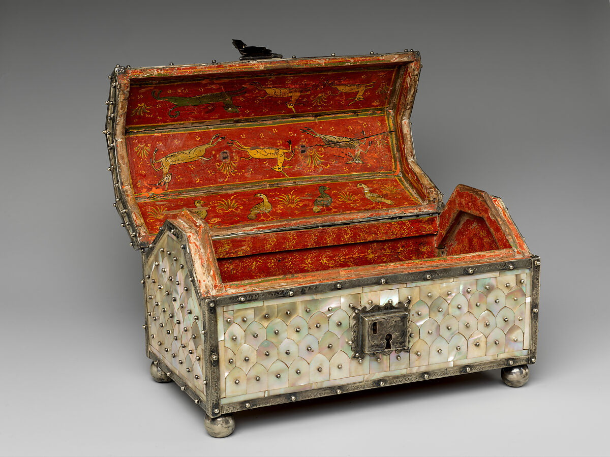 Bridal casket, Teak, mother-of-pearl veneer and painted interior with silver mounts, India, Gujarat, and Goa or Lisbon