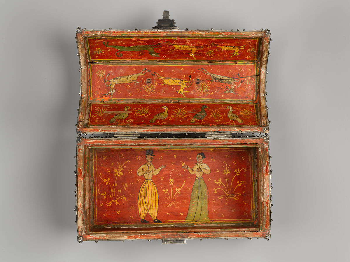 Bridal casket, Teak, mother-of-pearl veneer and painted interior with silver mounts, India, Gujarat, and Goa or Lisbon