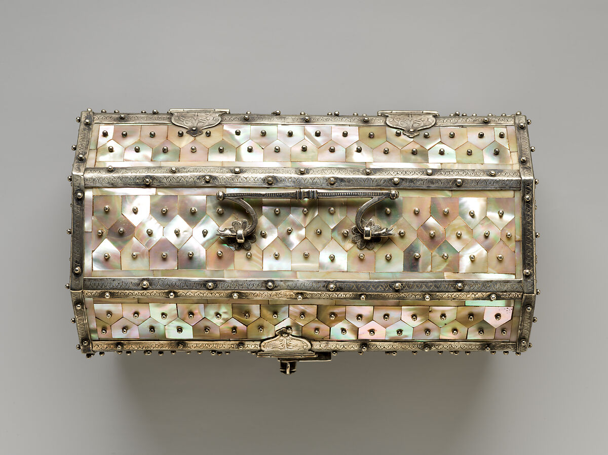 Bridal casket, Teak, mother-of-pearl veneer and painted interior with silver mounts, India, Gujarat, and Goa or Lisbon