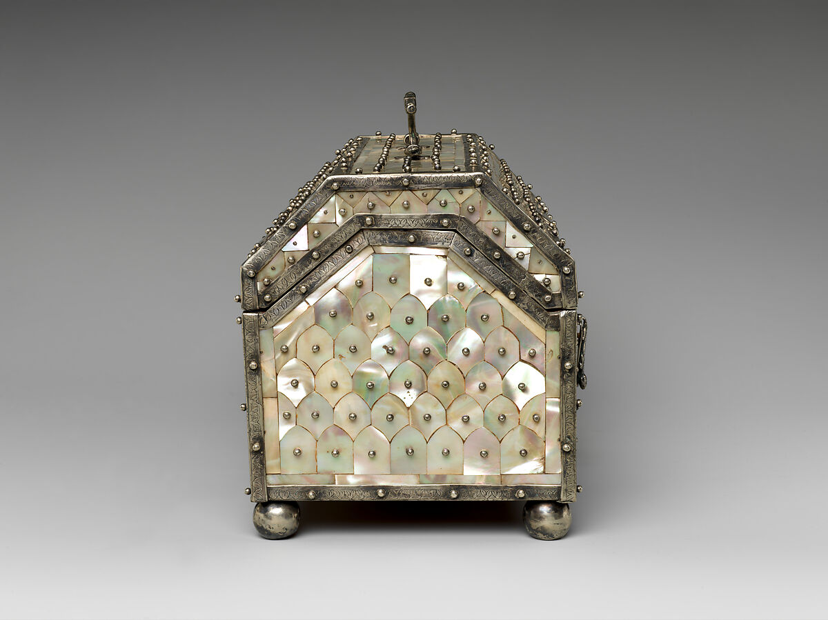 Bridal casket, Teak, mother-of-pearl veneer and painted interior with silver mounts, India, Gujarat, and Goa or Lisbon