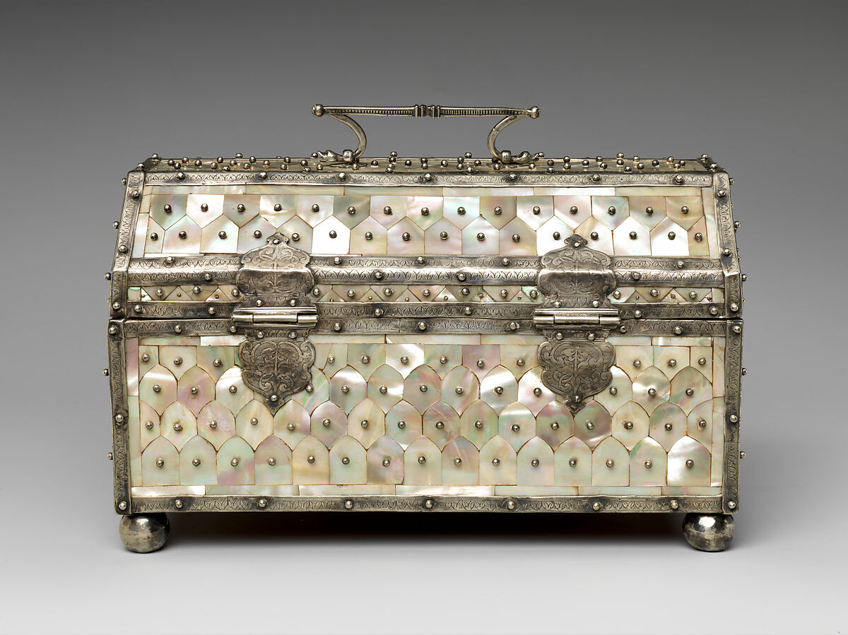 Bridal casket, Teak, mother-of-pearl veneer and painted interior with silver mounts, India, Gujarat, and Goa or Lisbon