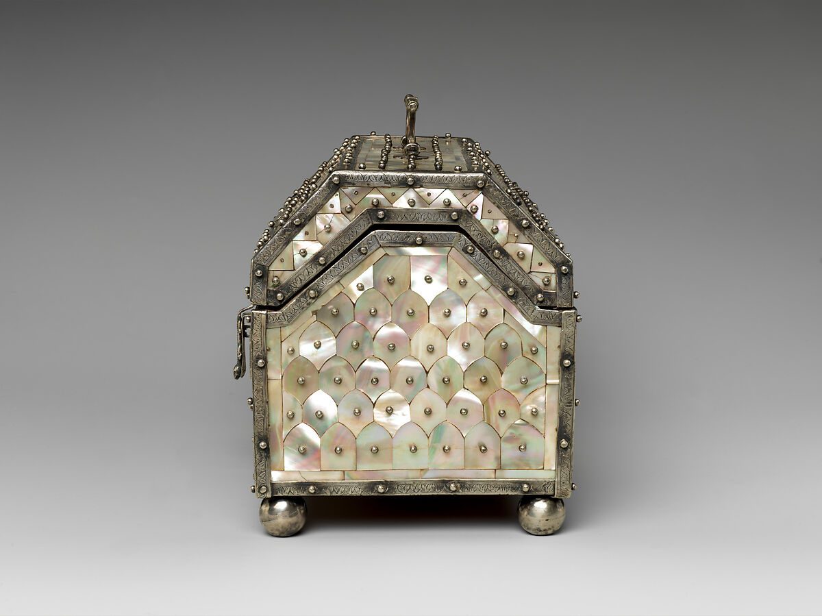 Bridal casket, Teak, mother-of-pearl veneer and painted interior with silver mounts, India, Gujarat, and Goa or Lisbon