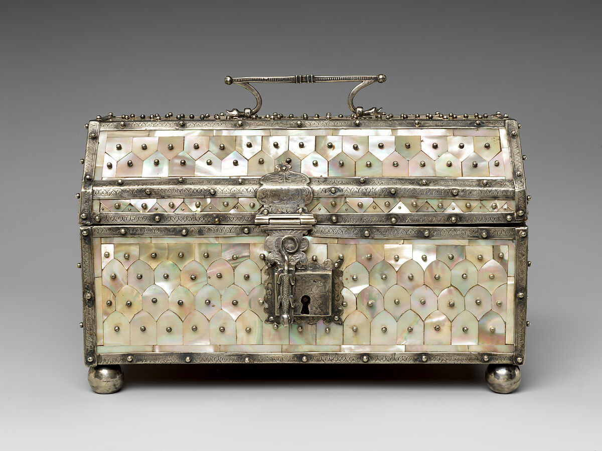 Bridal casket, Teak, mother-of-pearl veneer and painted interior with silver mounts, India, Gujarat, and Goa or Lisbon