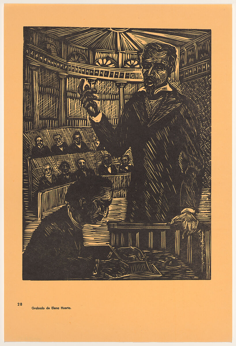 Ignacio Ramírez in the constitutional congress (Ignacio Ramírez en el congreso constituyente), Plate 28 from "450 Años de Lucha: Homenaje al Pueblo Mexicano" (450 Years of Struggle: Homage to the Mexican People), Elena Huerta Múzquiz (Mexican, Saltillo, Coahuila 1908–1997), Offset lithograph 